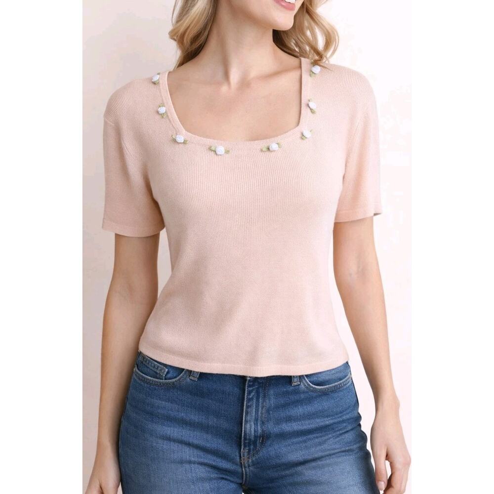 Joseph A Silk Sweater Petite Pink Rosette Trim Square Neck Short Sleeve Top P